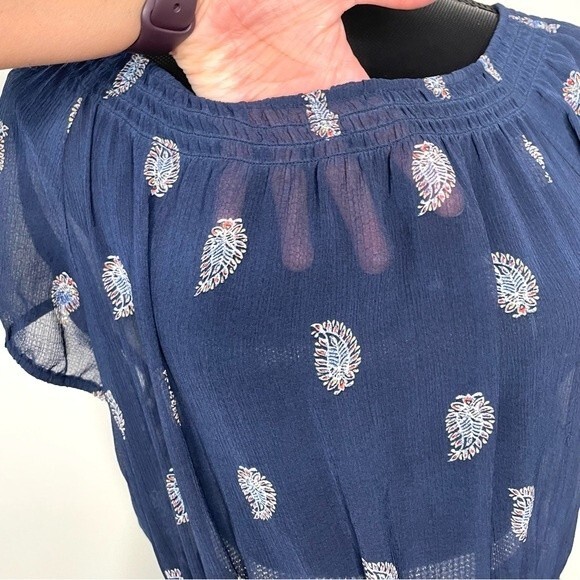 Daisy Fuentes Gaya Evening Dress Sheer Feather Midi Navy Blue Size Large - Picture 5 of 8